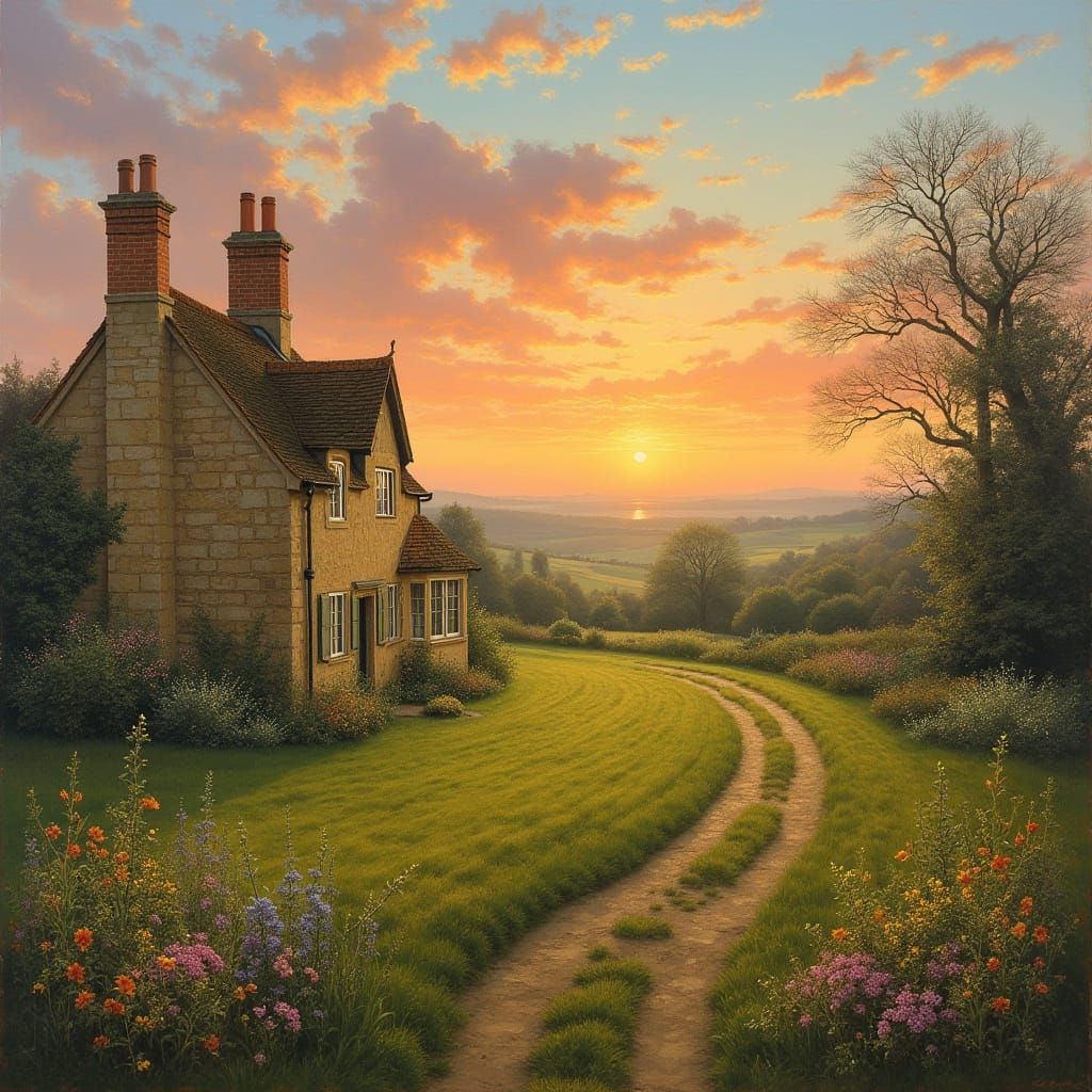 Surreal Sunrise in English Countryside Oil Painting