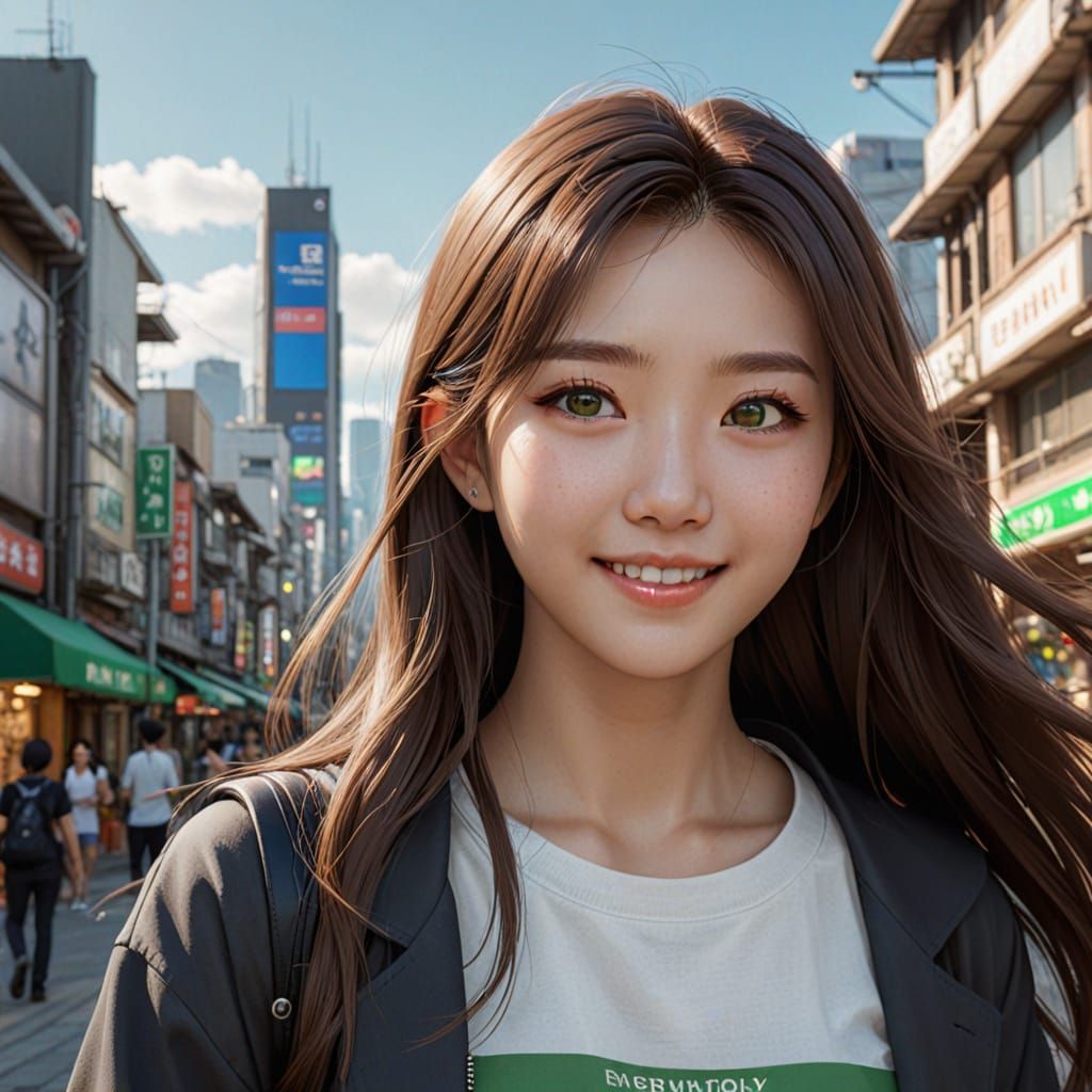 Futuristic Korean Woman in Cityscape with Green Eyes