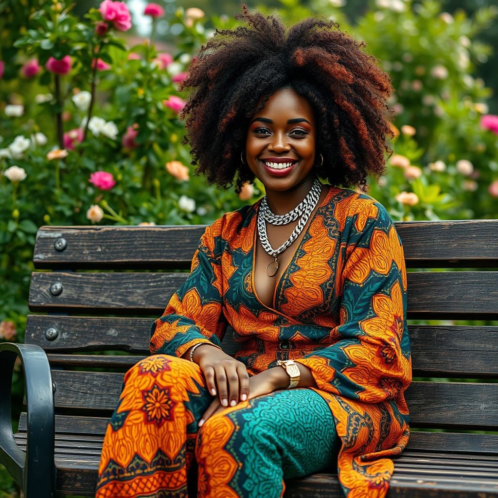 Elegant Black Woman in Hyperrealistic Park Scene