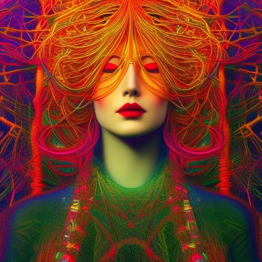 Psychedelic Goddess in Red Thread, Klimt-Inspired Art