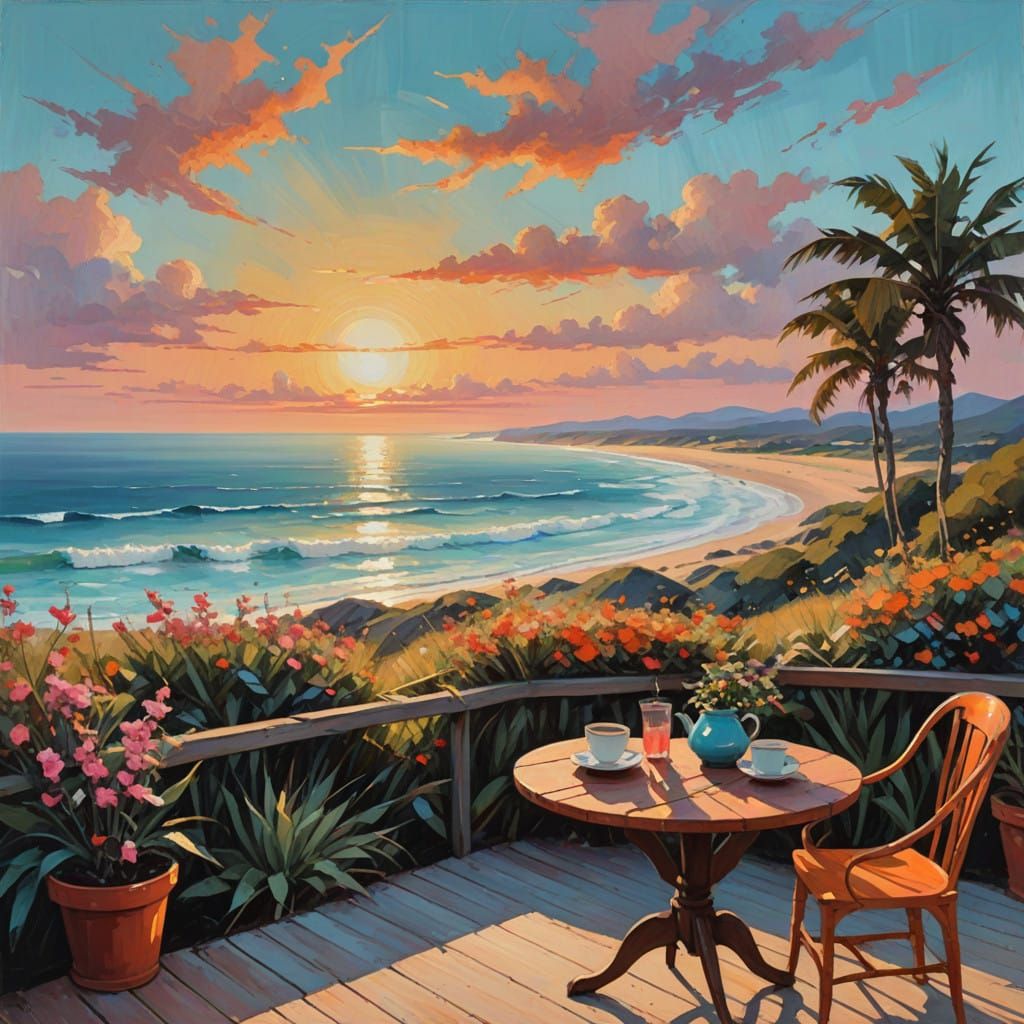 Impressionistic Coastal Paradise at Sunset