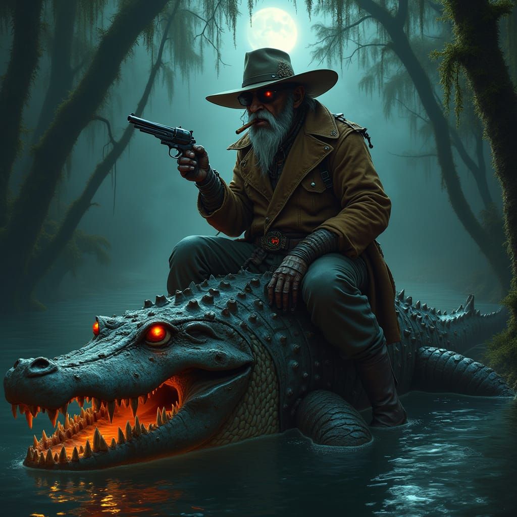 Deep Gnome Hunter Rides Robot Alligator in Dark Bayou
