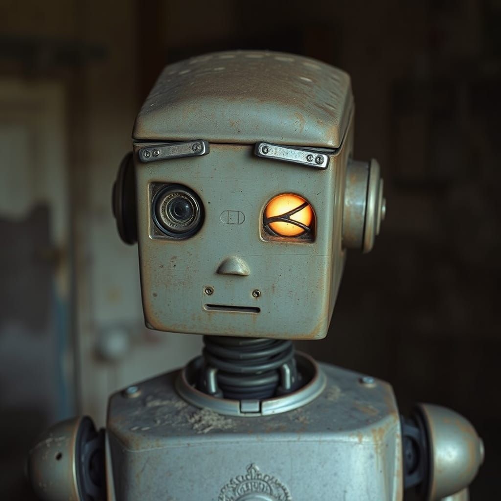 Weathered Robot in a Dusty, Atmospheric Portrait
