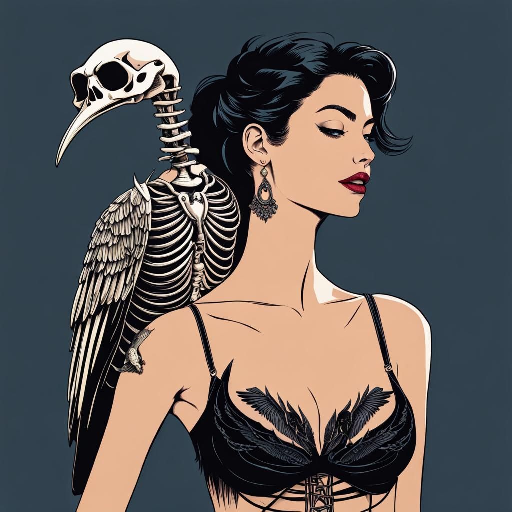 Woman, Skeleton, and Bird: A Gothic Surreal Image