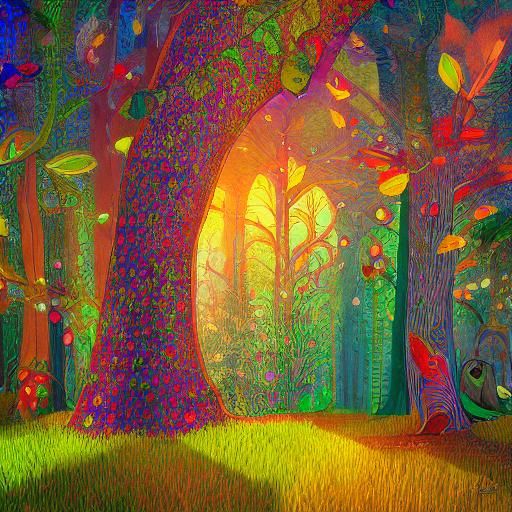 Magical Sunny Forest in Folk Art Style