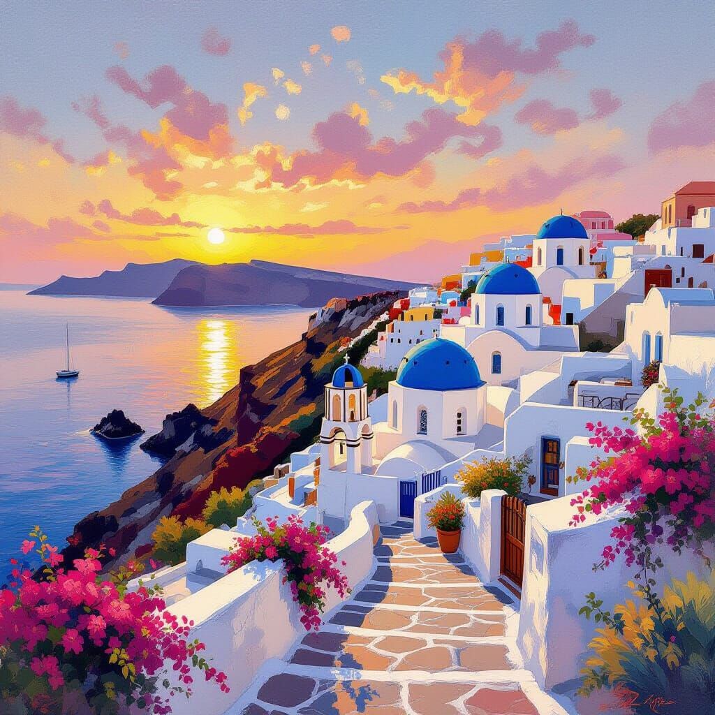 Golden Hour Greek Village Overlooking Aegean Sea