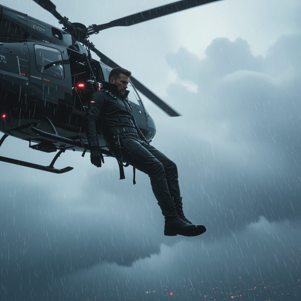 Man Hanging from Helicopter in Dystopian Future