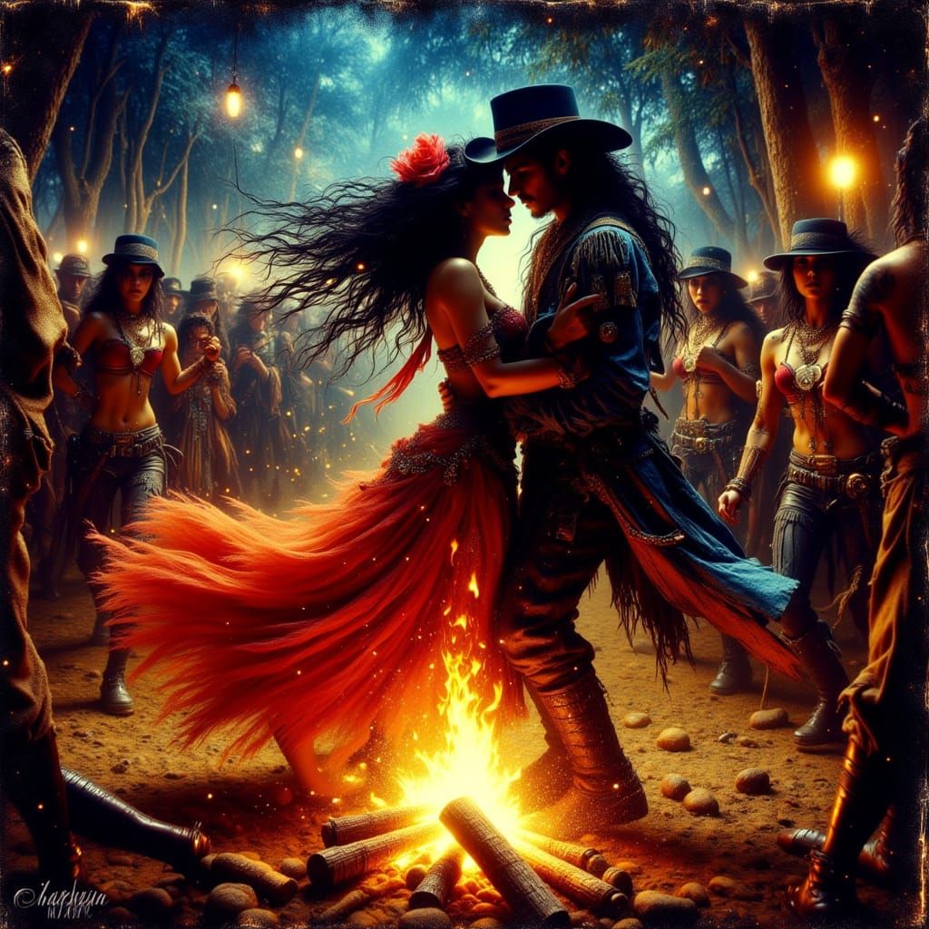 Passionate Dance of Carmen and Don José Around Campfire
