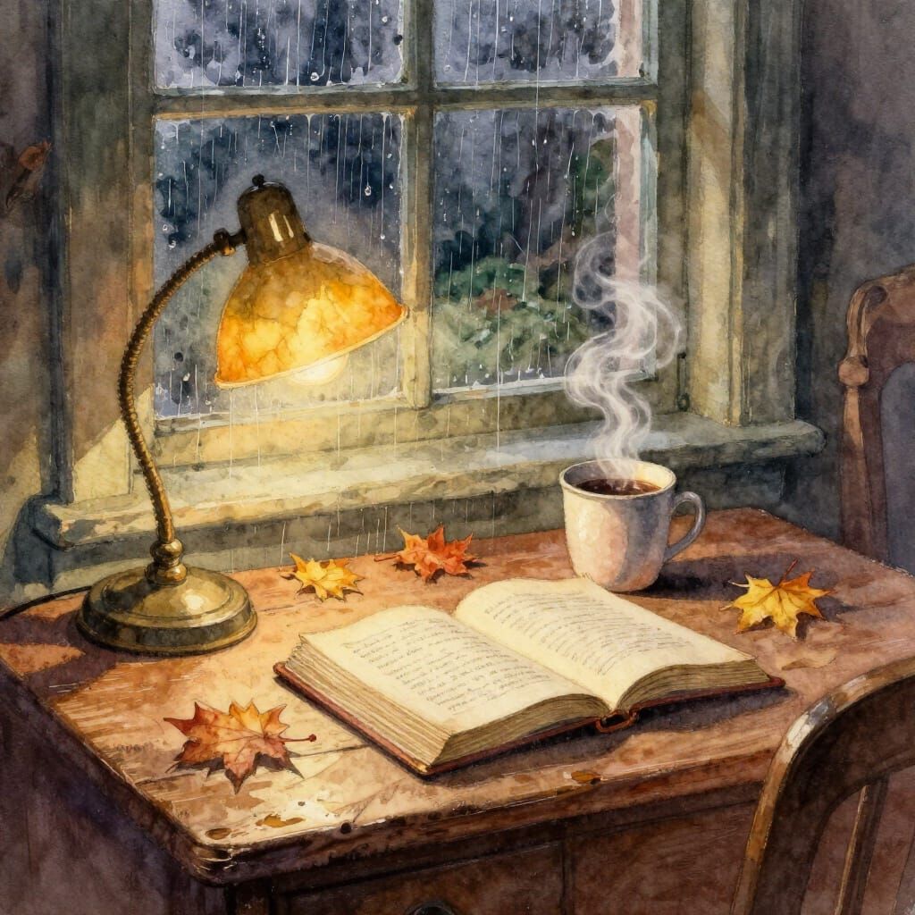 Cozy Study Scene with Steaming Coffee and Autumn Leaves