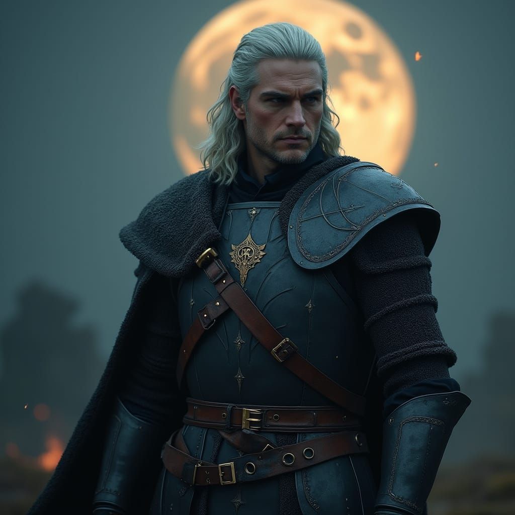 Geralt of Rivia in Moonlit Fantasy Landscape
