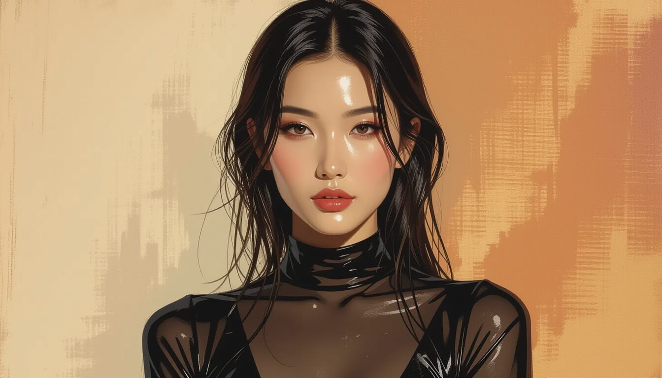 Asian Woman Portrait with Wet Hair, in Oil Painting Style