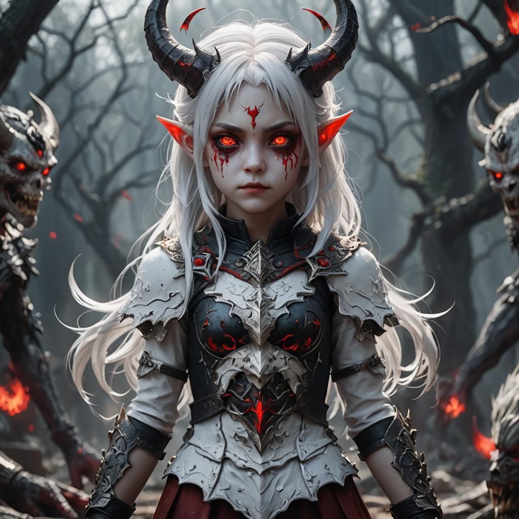 Demon Girl with White Hair, Fantasy Concept Art