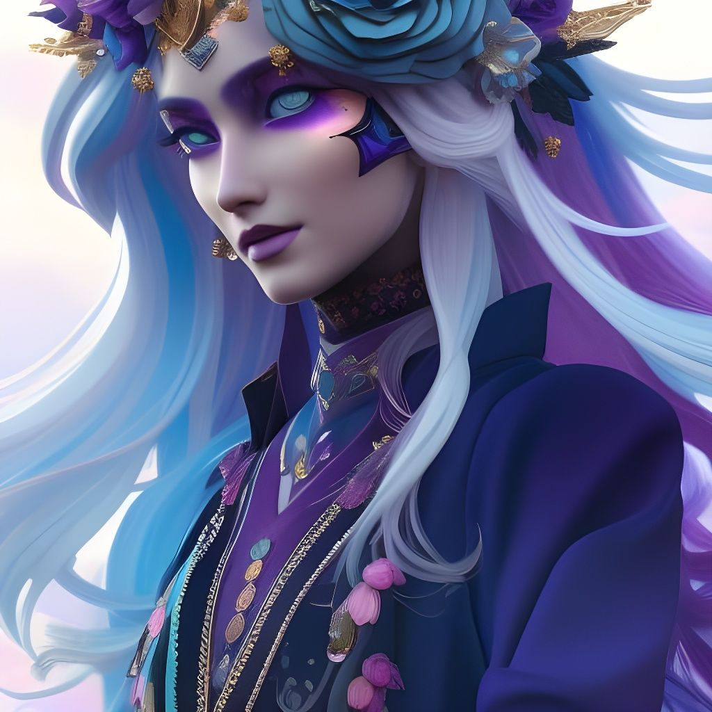 Kyra, a slender, ethereal bard with violet eyes and silvery hair adorned with flowers and gems. Wearing a blue tunic, si...