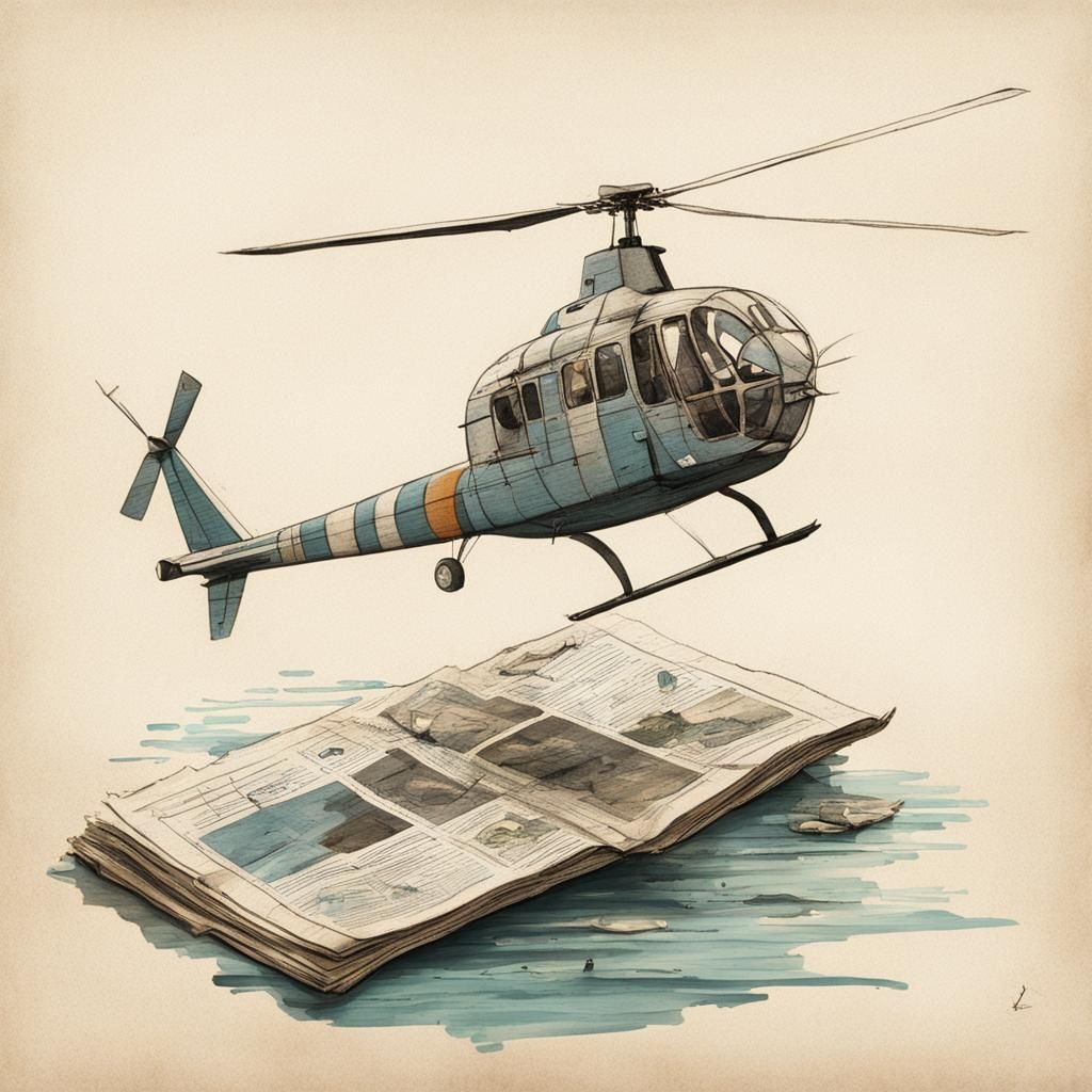 Isometric Helicopter Sketch Over Old Newspaper