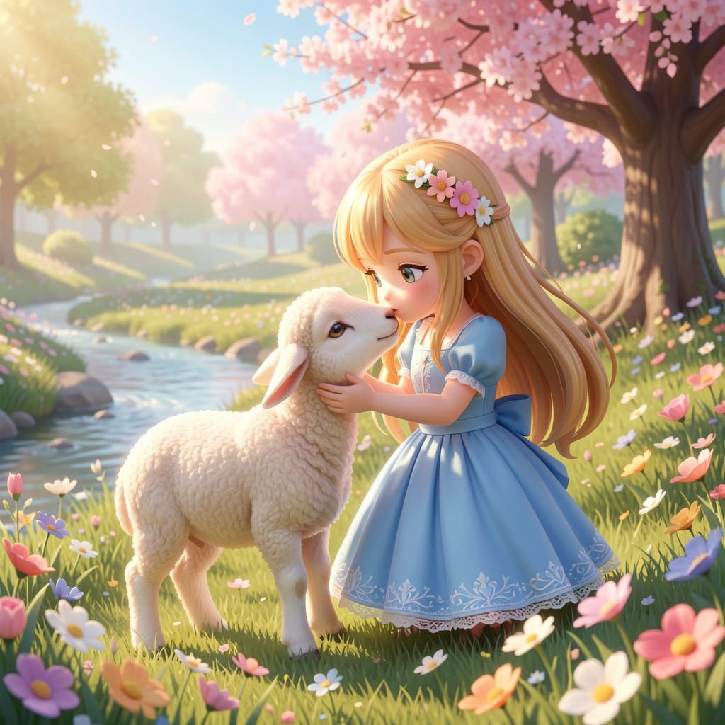 Girl Kisses Lamb in Sun-Drenched Spring Field