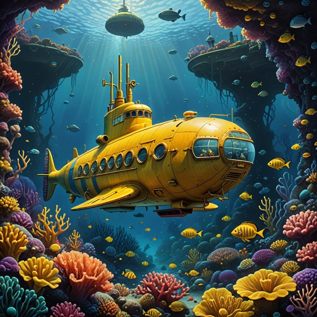 Yellow Submarine on Misty Seabed - Ethereal Digital Painting