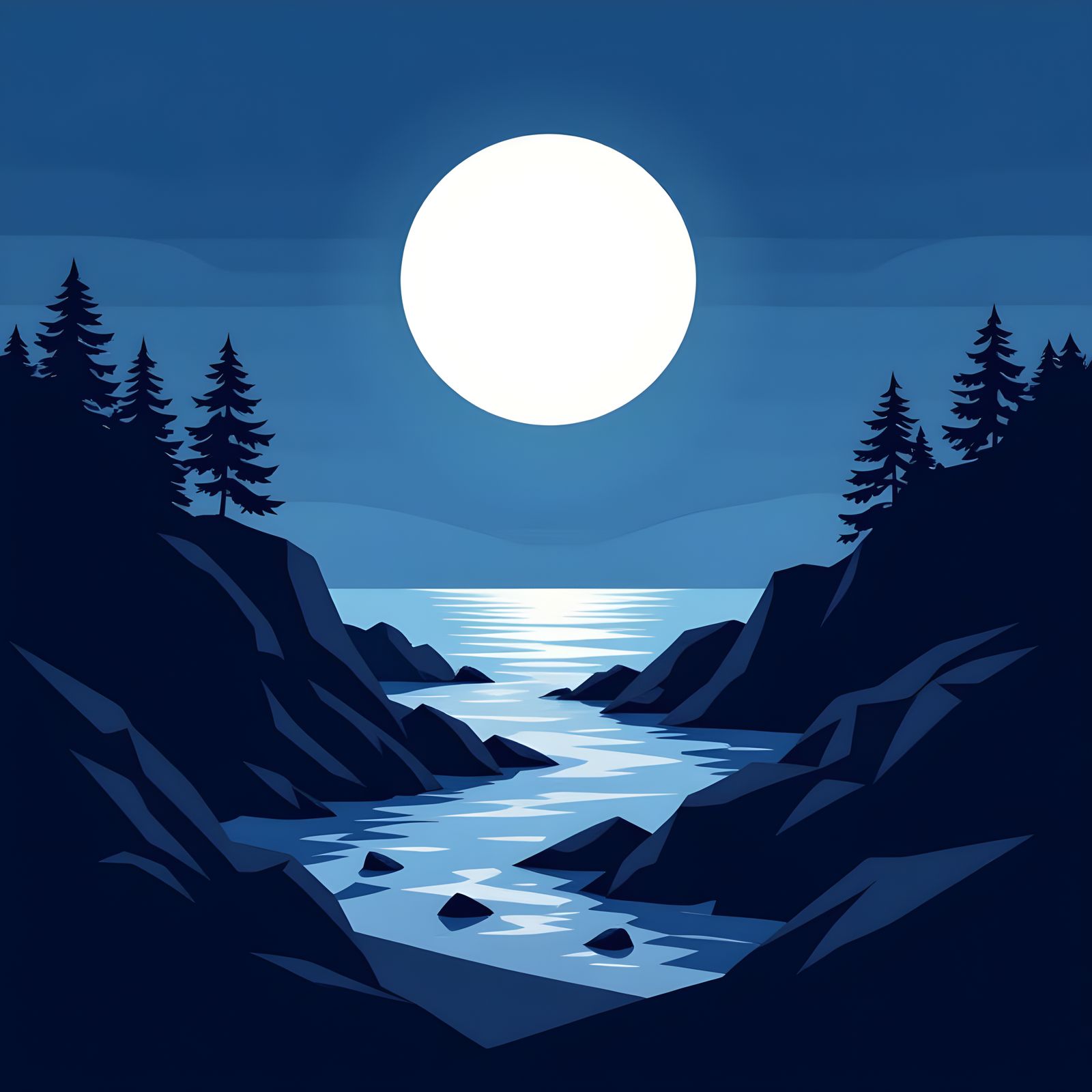 Moonlit Coast: Minimalist Digital Illustration