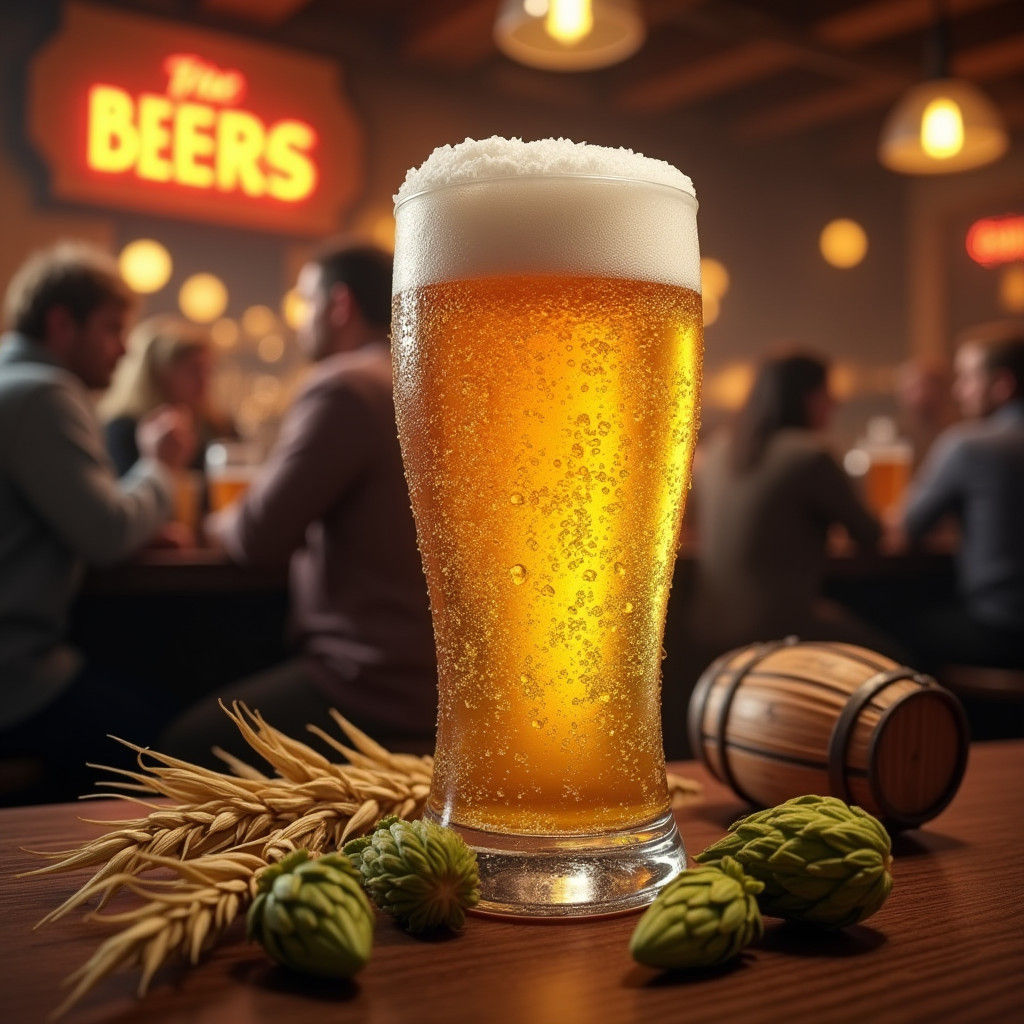 Icy Beer Ad in a Vibrant Pub Scene