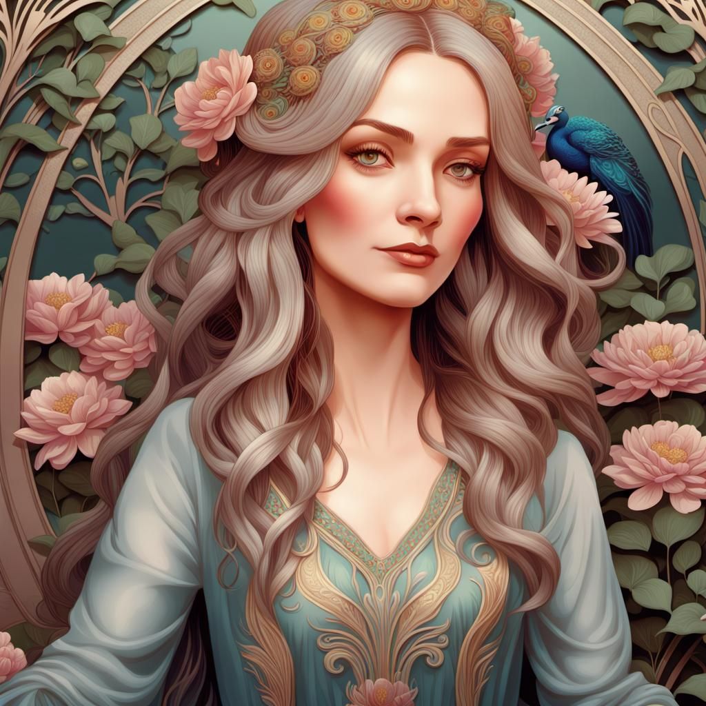 Art Nouveau Woman with Peacocks and Vines