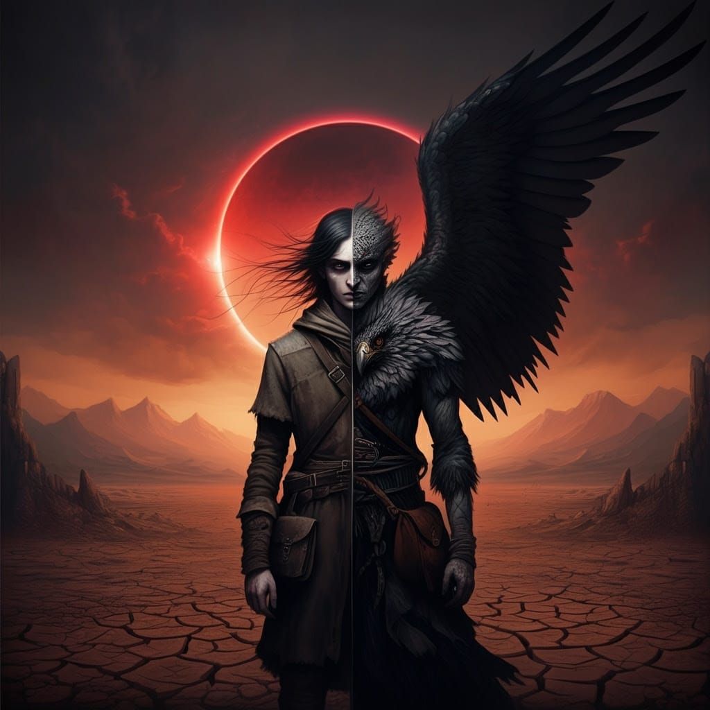 Eerie Traveler Stands Before Crimson Eclipse in Dark Surreal...