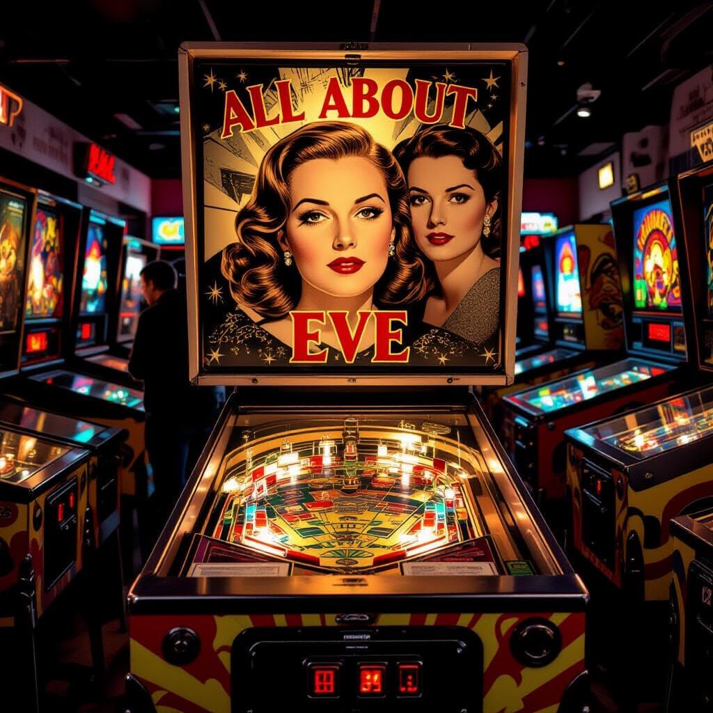 Vintage All About Eve Pinball Machine in Arcade