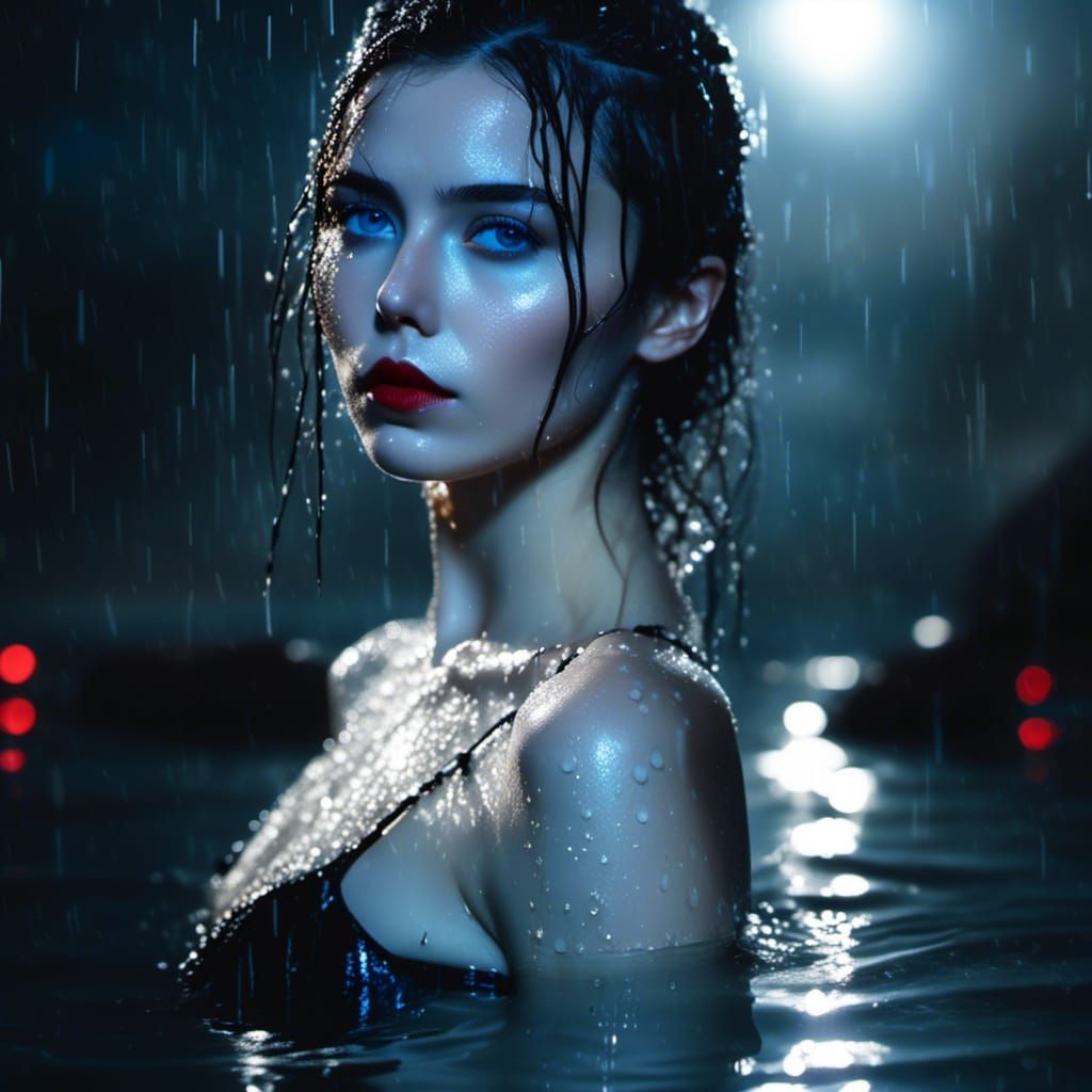 Russian Girl in Lake at Rainy Night