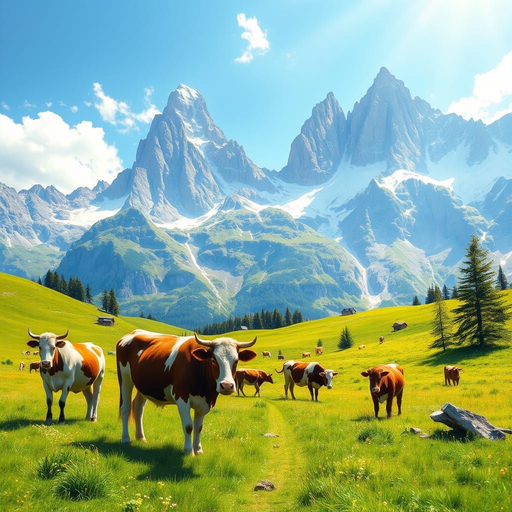 Spectacular Swiss Alps with Meadows and Cows