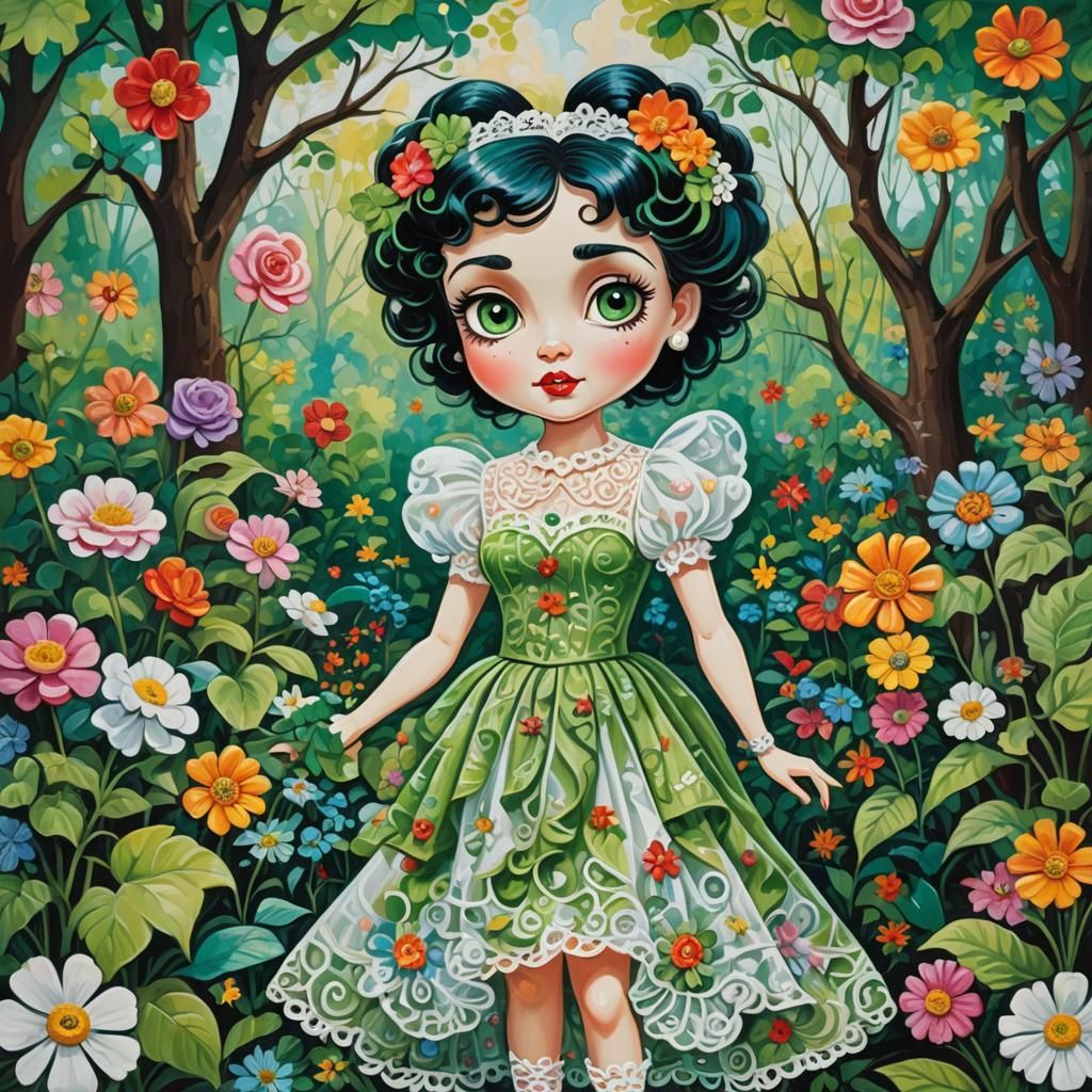 Betty Boop in Garden, Avant-garde Oil Painting