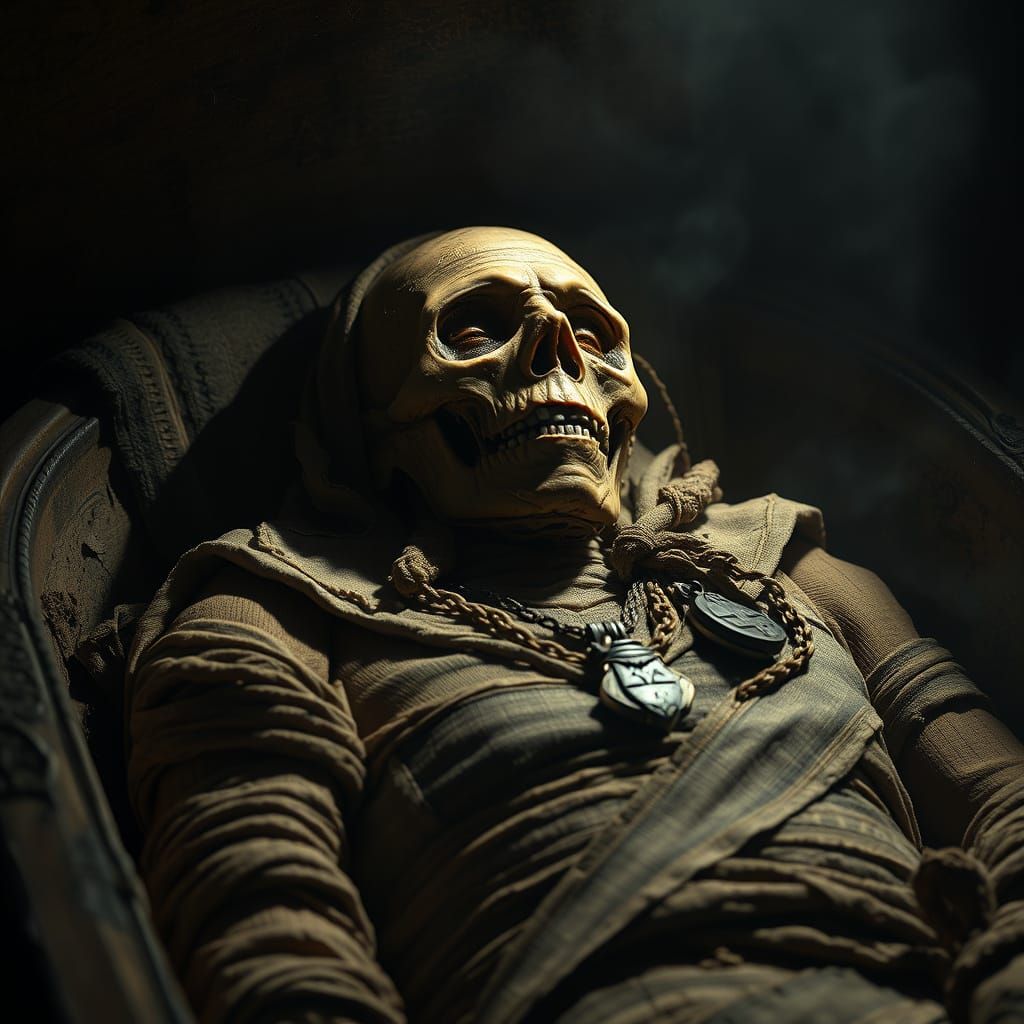 Lifelike Ancient Mummy in Sarcophagus with Dramatic Lighting