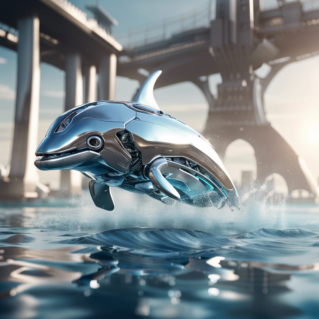 Mechanical Dolphin Leaps in Sci-Fi World