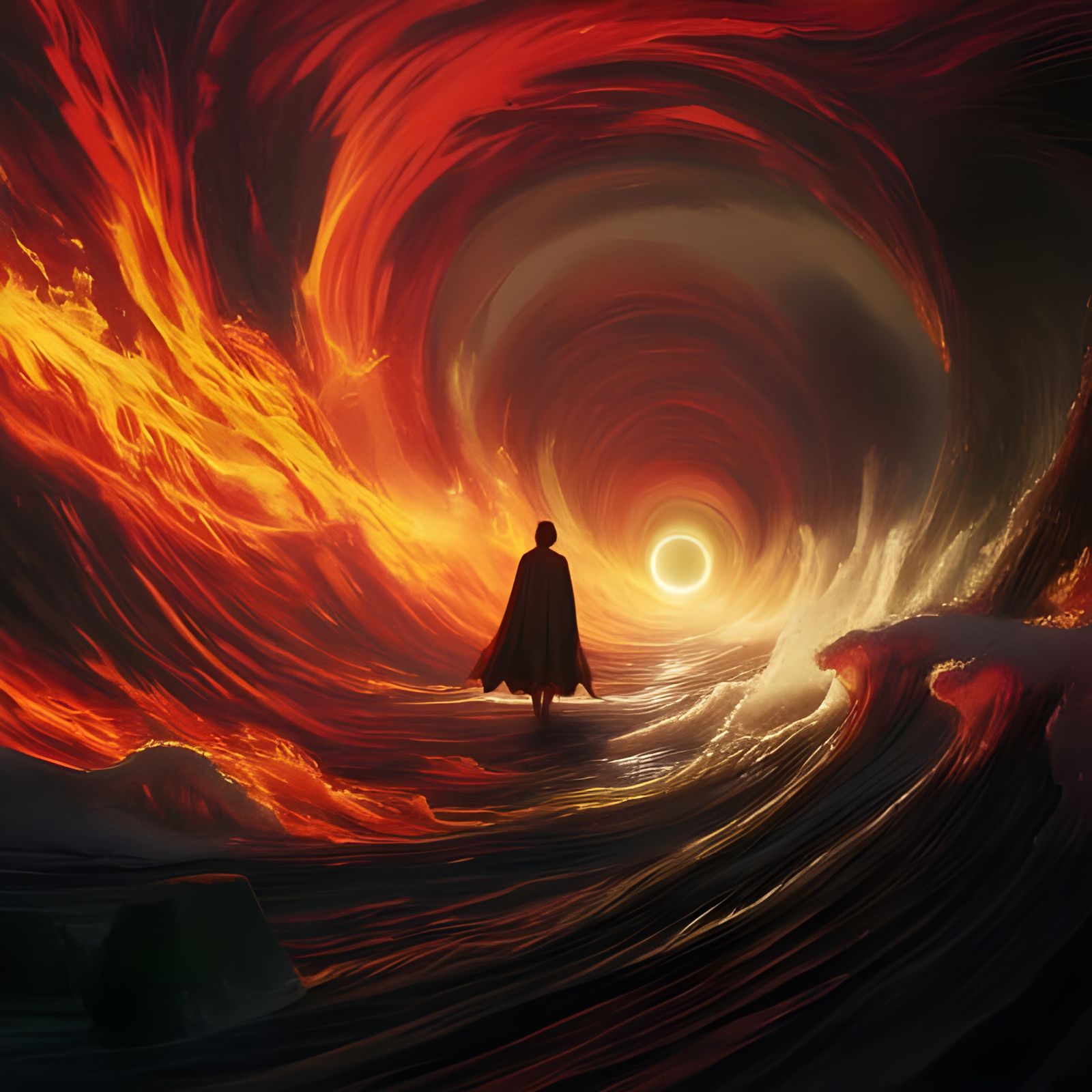 Epic Silhouette Figure at Fire and Water Convergence