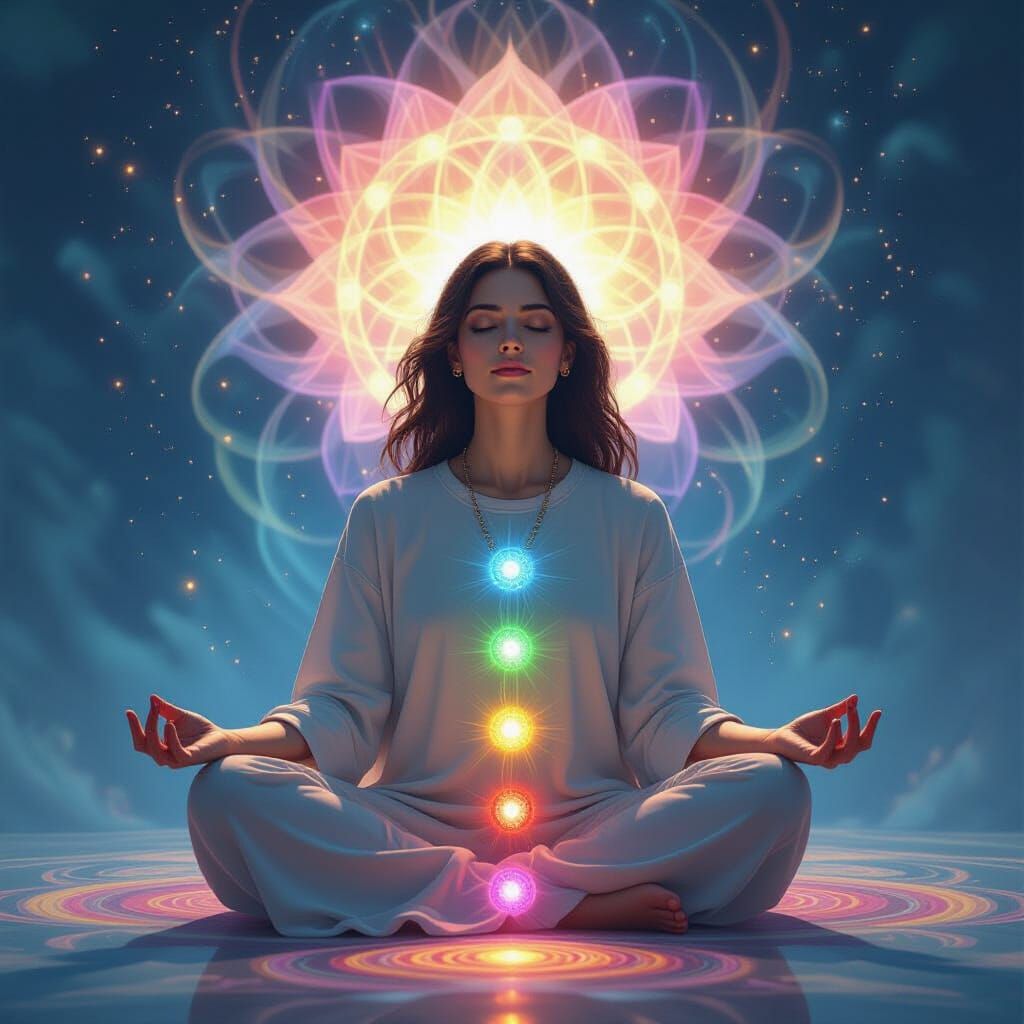 Meditator Surrounded by Radiant Chakras in Spiritual Realism