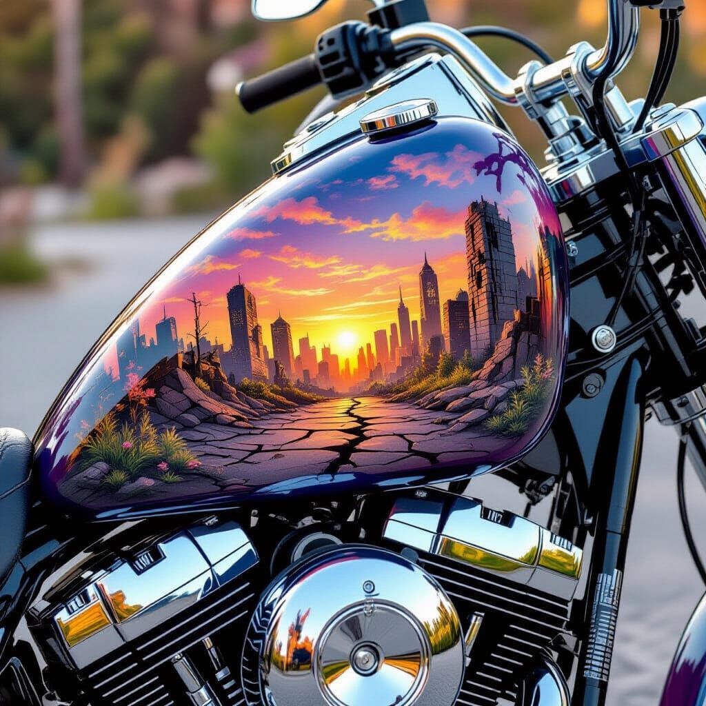 Airbrushed Motorcycle Tank: Post-Apocalyptic Cityscape