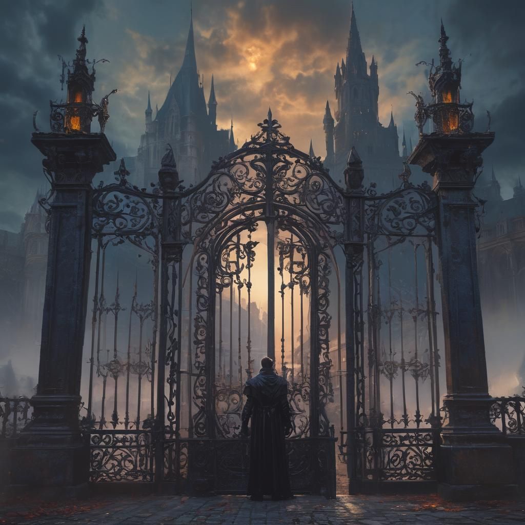 Vampire at Gothic Castle Entrance in Alcohol Ink Style