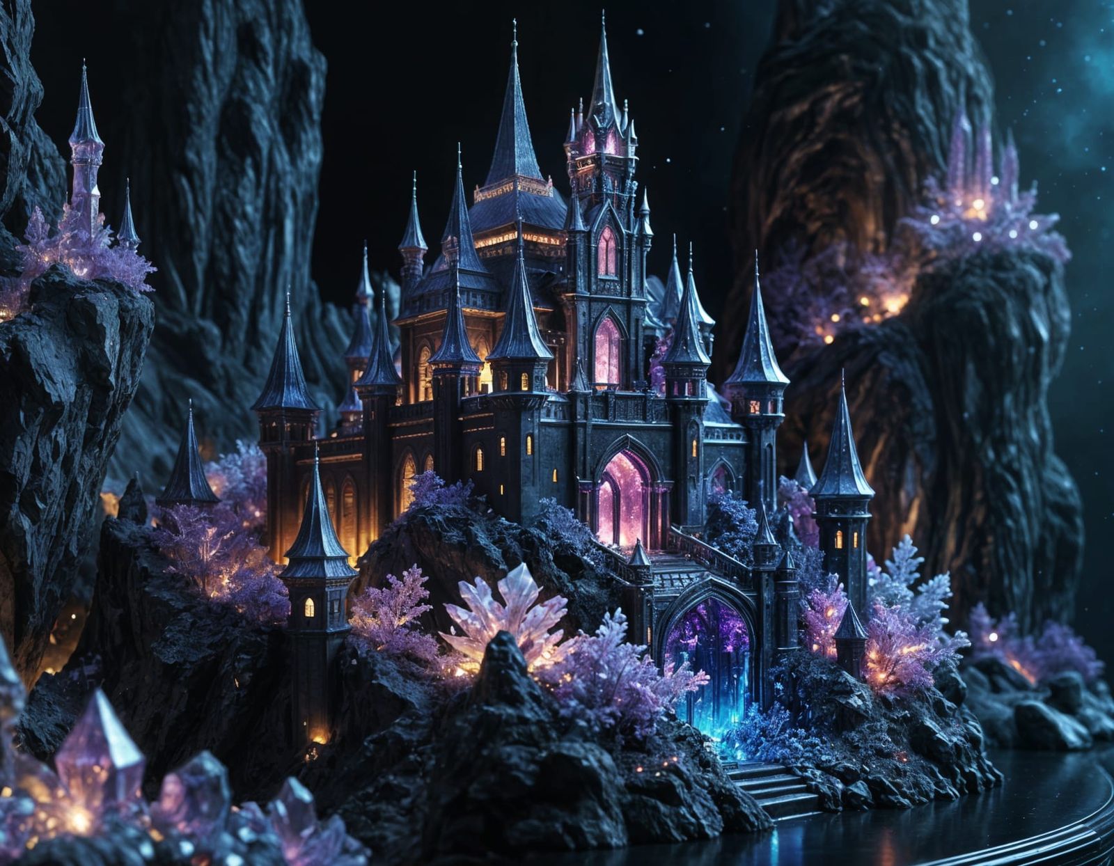 Sweeping Amethyst Castle Amidst Sparkling Gemstones in a Dar...