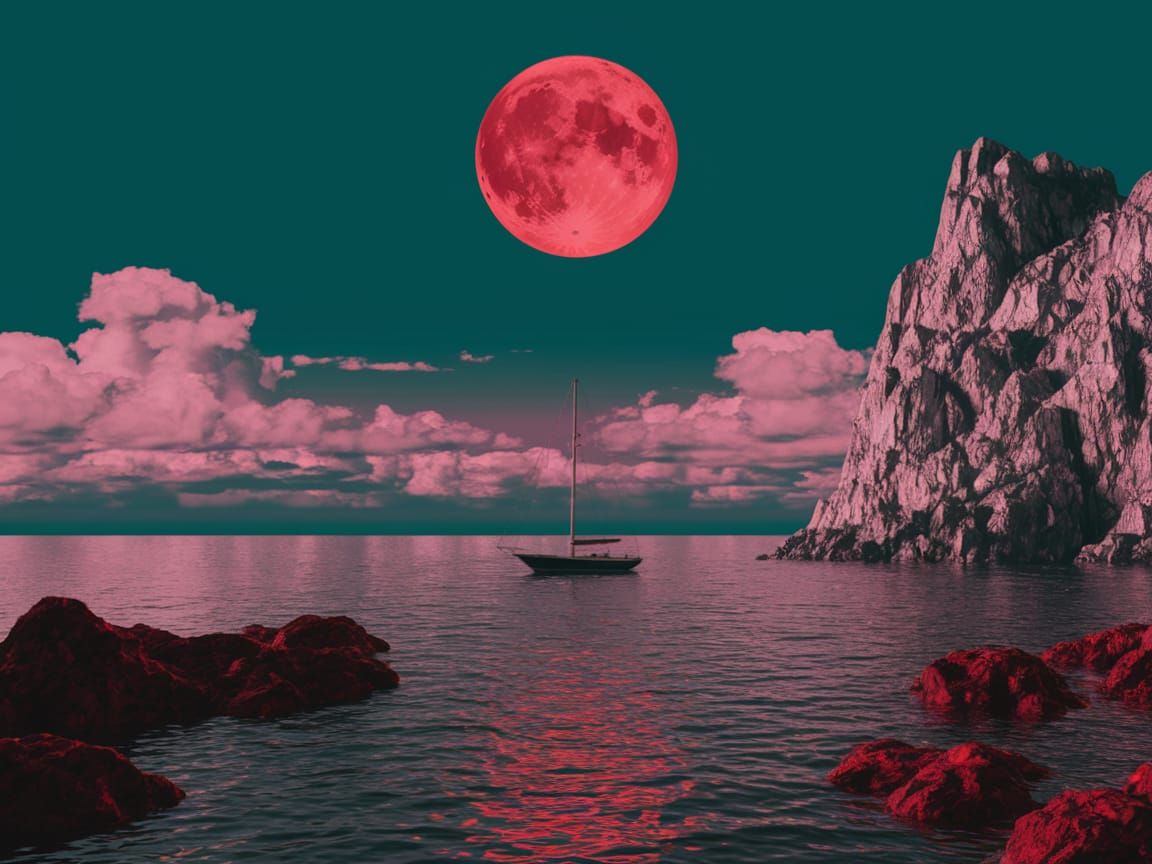 Dreamlike Seascape with Red Moon and Sailboat