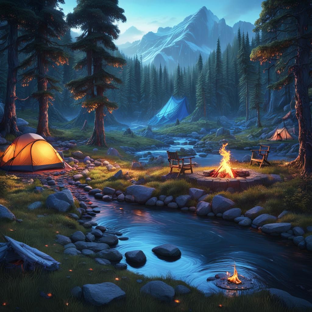 Mountain Campsite by Stream in Fantasy Concept Art