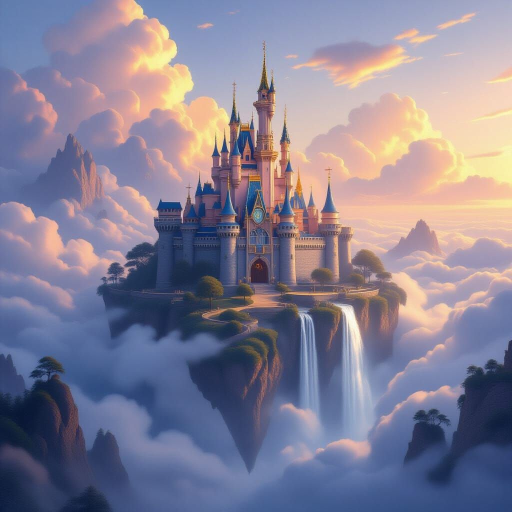 Majestic Castle on Floating Island at Dawn