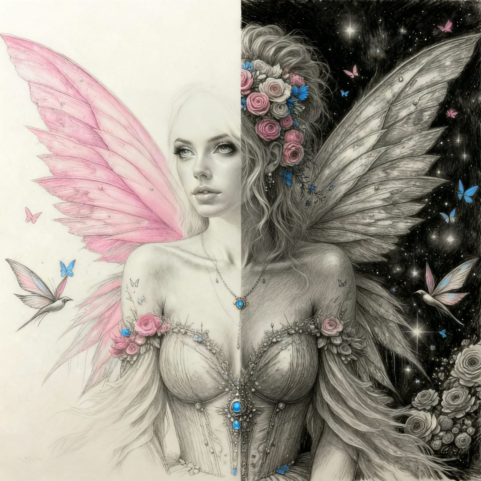 AI Composite Image: Fairy Elements Merged with Charcoal Art
