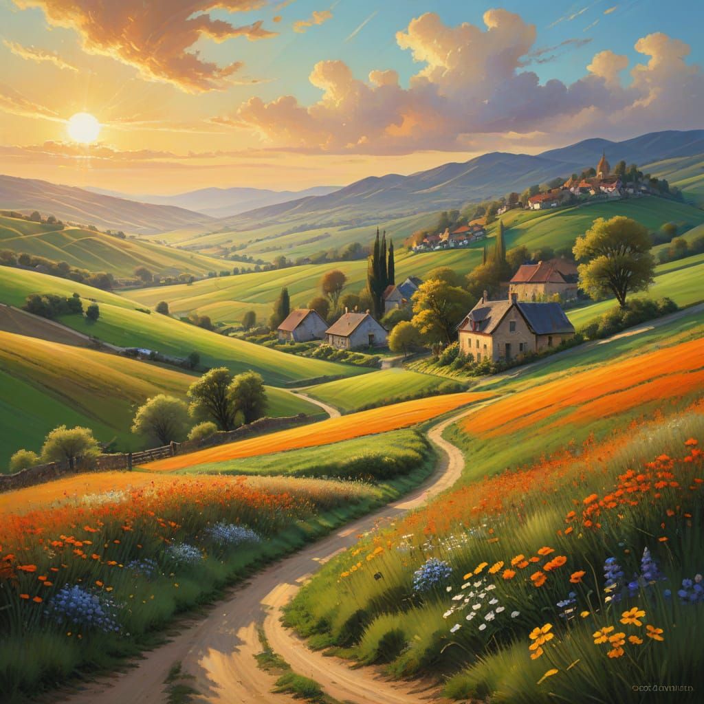 Impressionistic Oil Painting of Serene Village and Rolling H...