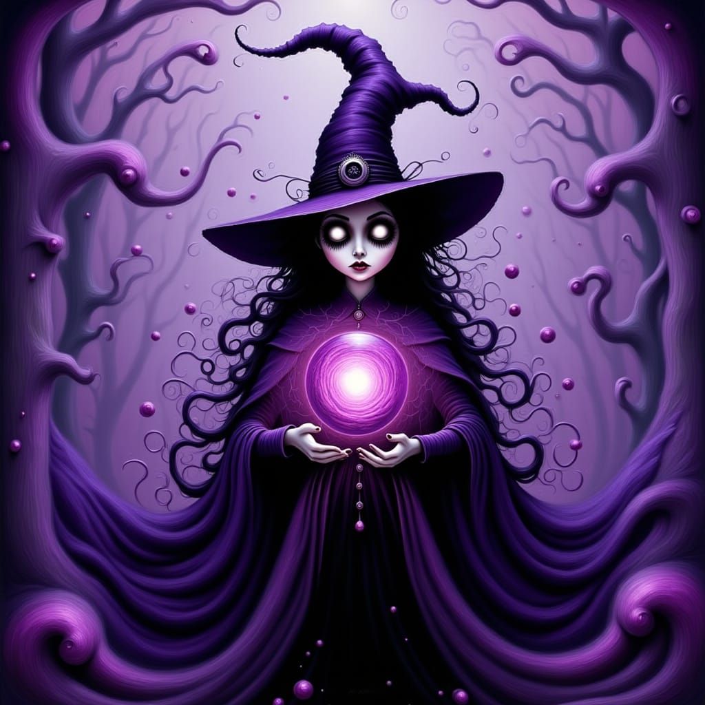 Mystical Witch With Glowing Orb in Burton-esque Style