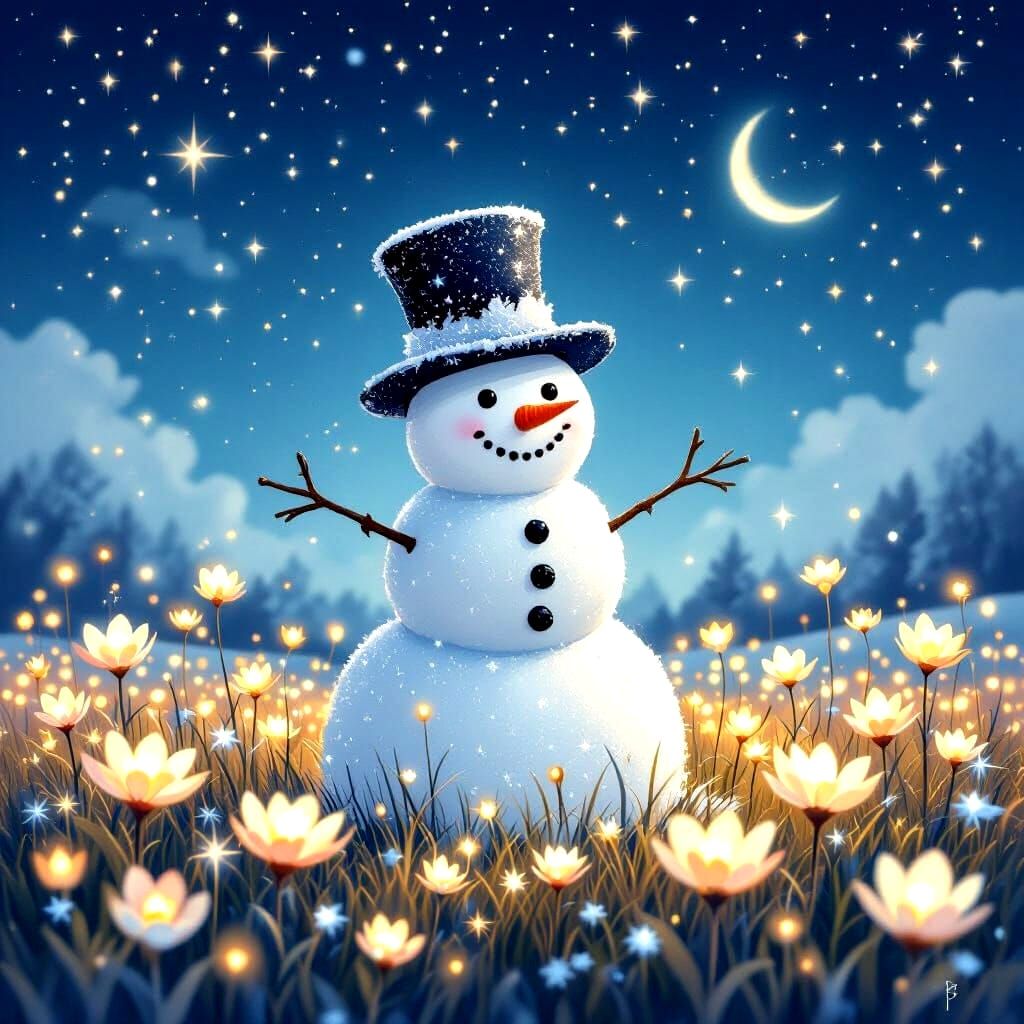 Whimsical Snowman in Glowing Flower Field Under Starry Sky