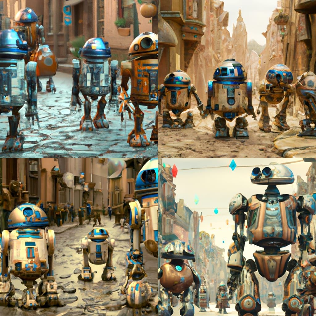 Astromech Droids Parade on Cobblestone Street