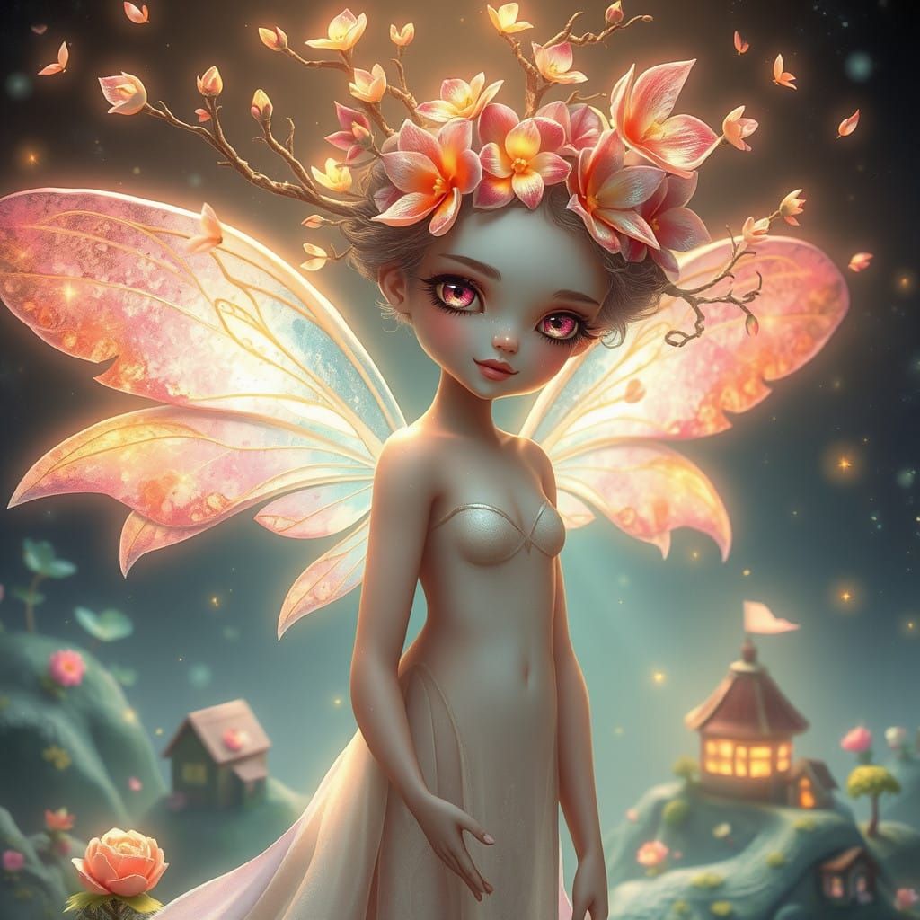 Futuristic Fairy with Petal-Like Wings and Vibrant Floral Ha...