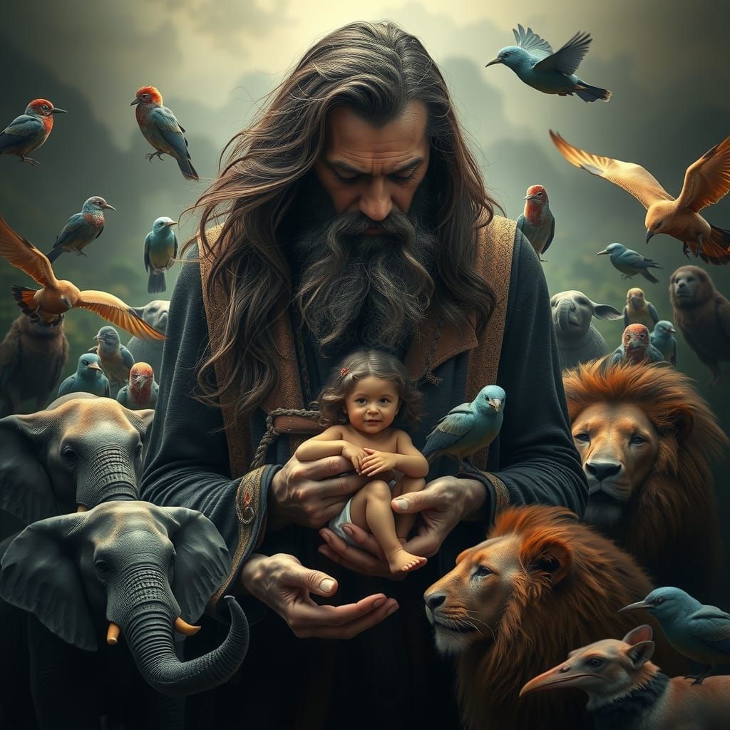 Ethereal Figure with Child and Animals