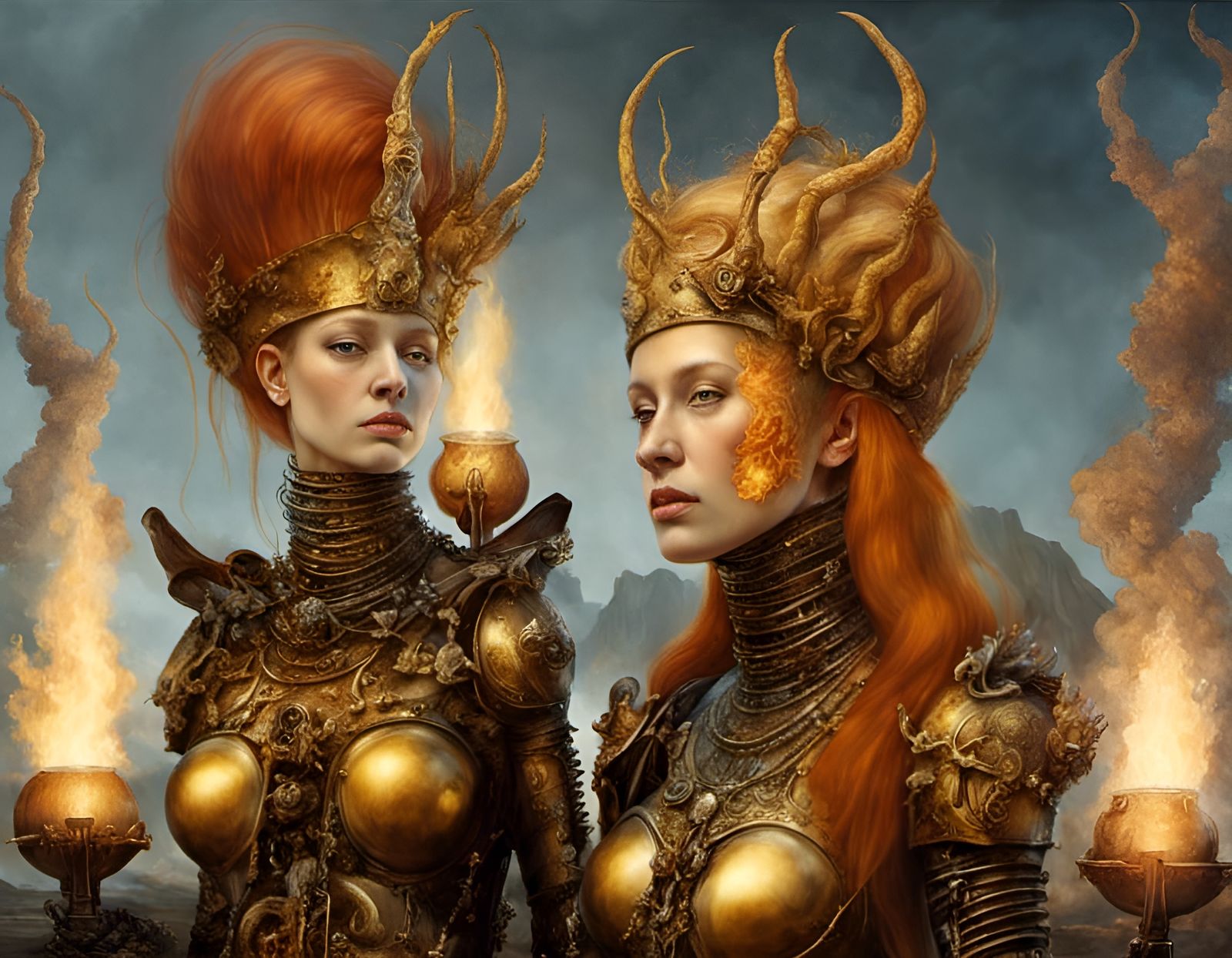 Golden Knights in Post-Apocalyptic Art Nouveau Style