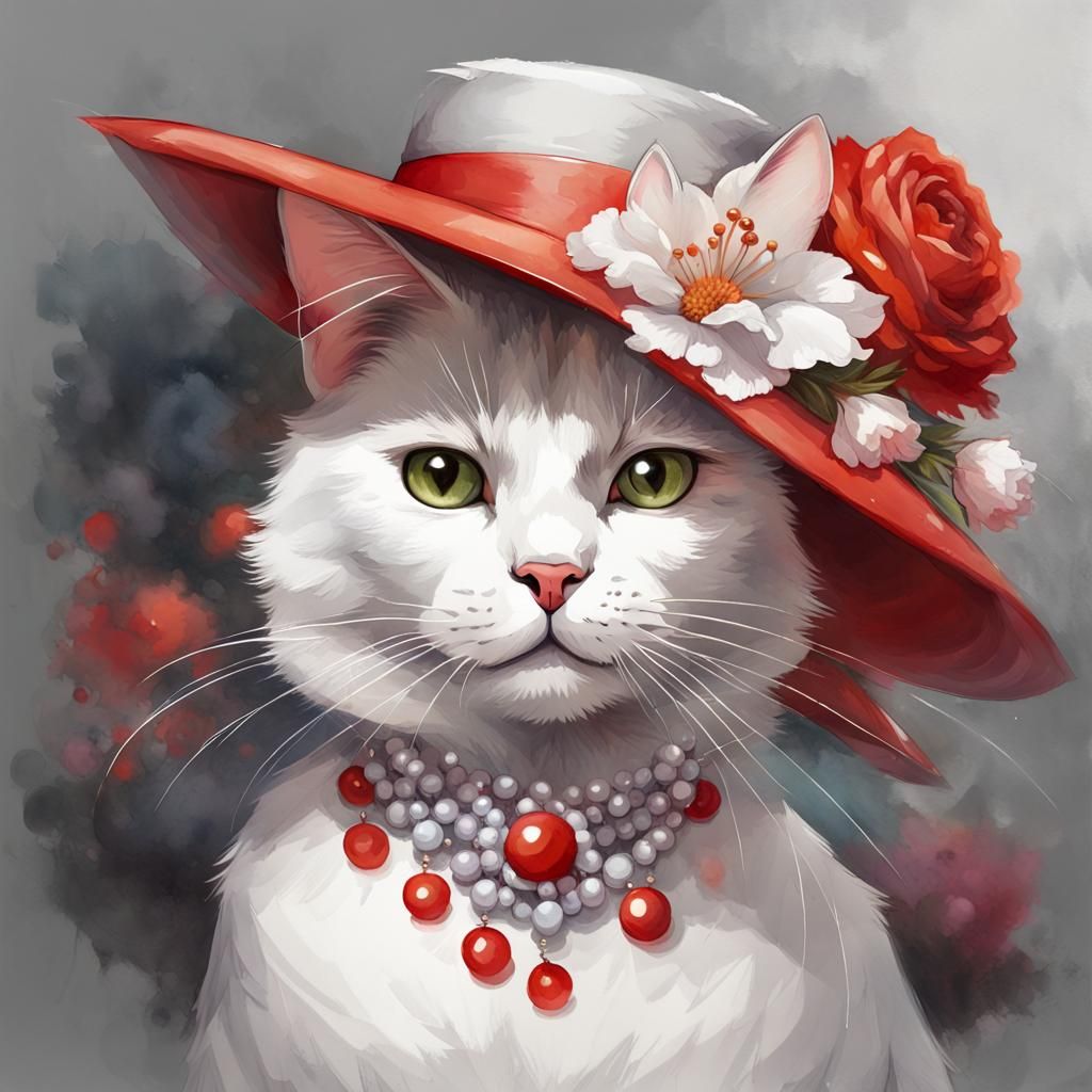 Elegant Cat Portrait with Floral Hat, Watercolor Style