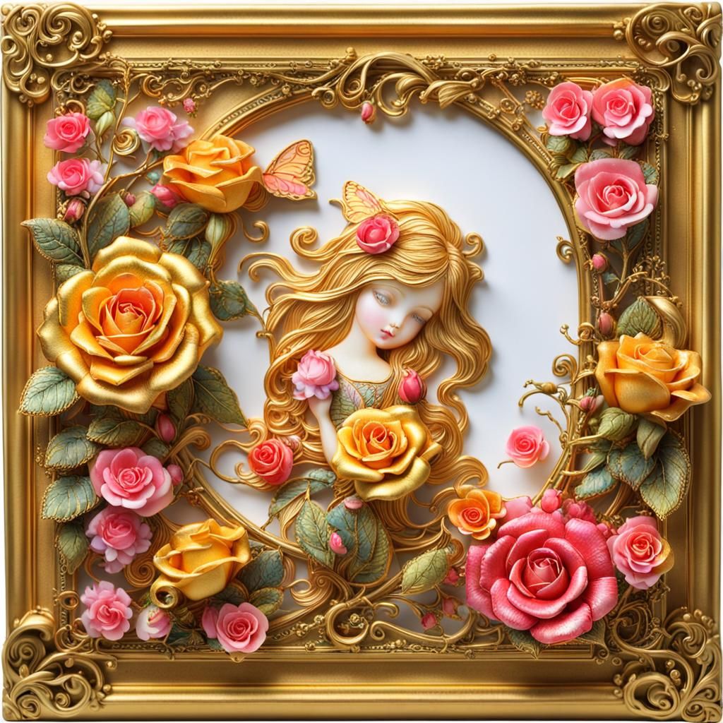Fairy in Floral Frame: Art Nouveau Digital Art