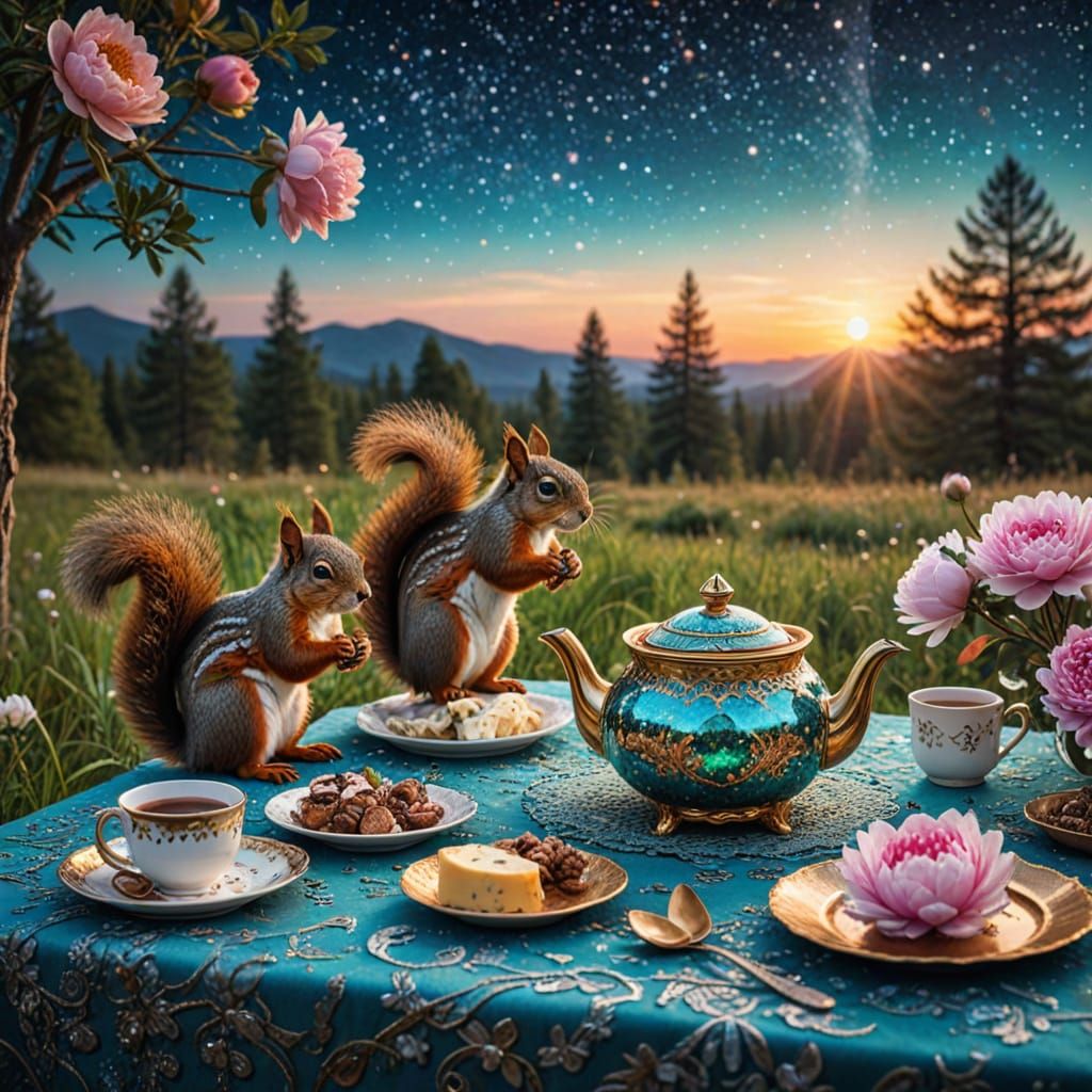 Squirrels' Moonlit Tea Party: Cosmic Illustration