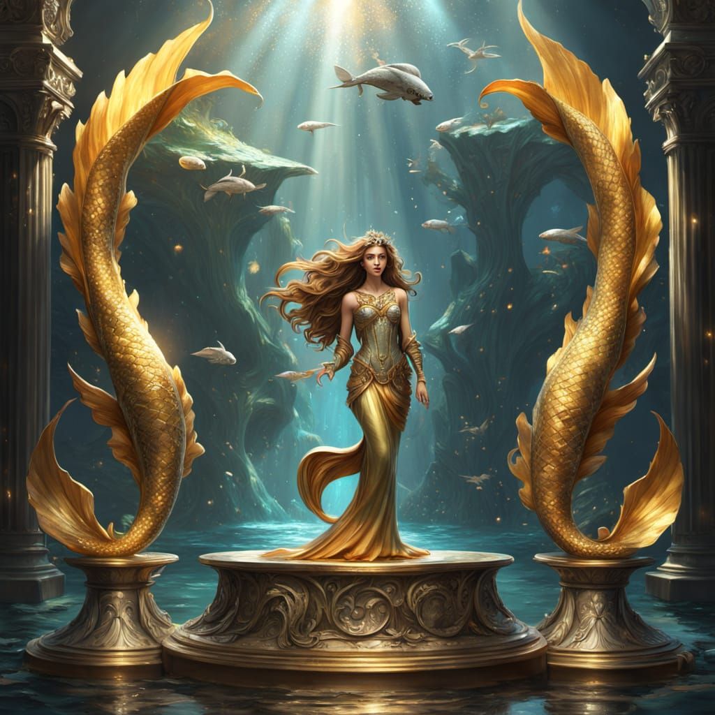 Shimmering Mermaids on Metallic Pedestals: Fantasy Art